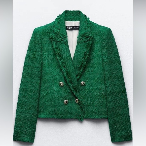 🆕(NWT) ZARA Bloggers Fav Green Tweed Double Breasted Cropped Blazer. Size XS - Picture 2 of 16